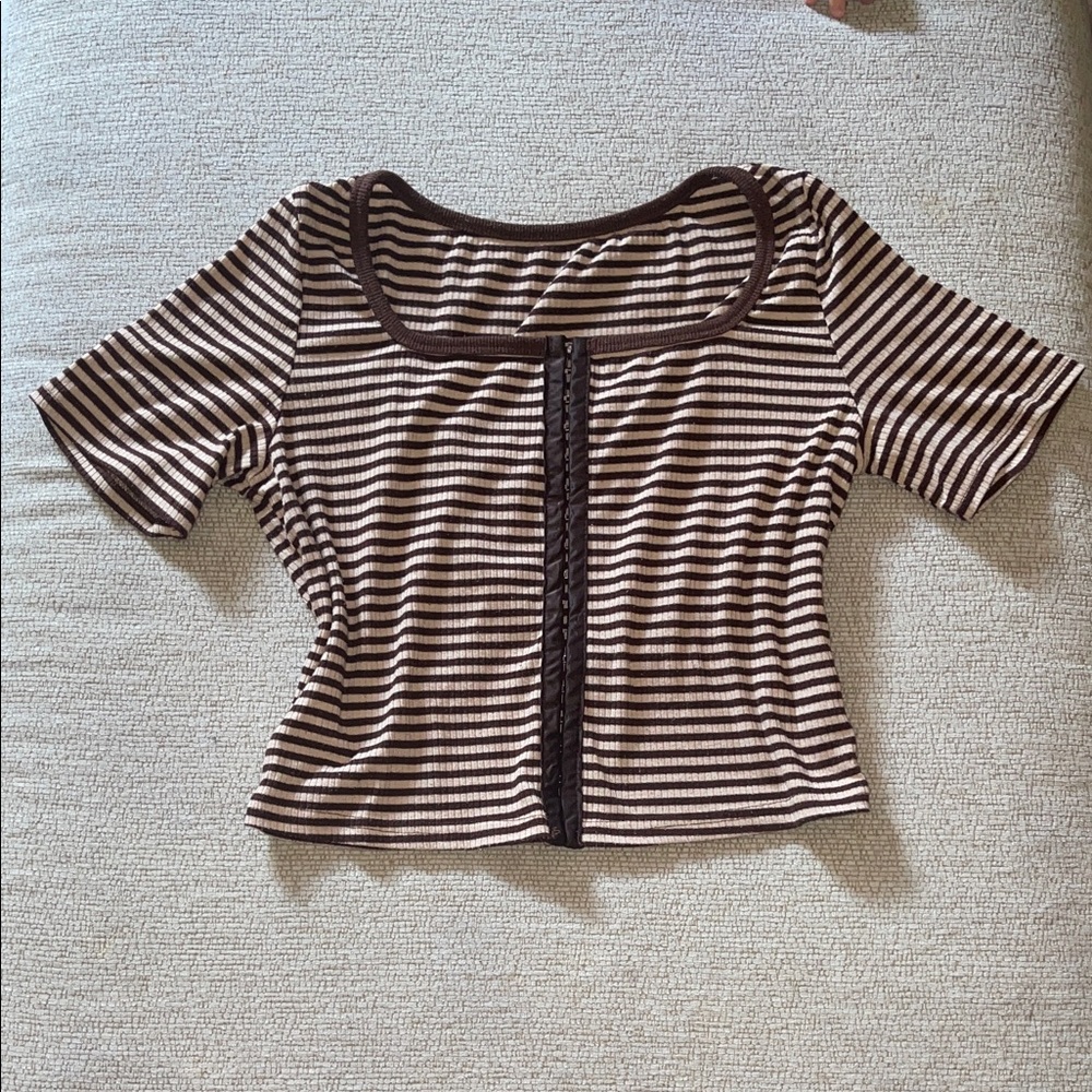 Fitted Corset Style Crop Top Striped Brown & Cream Boutique
